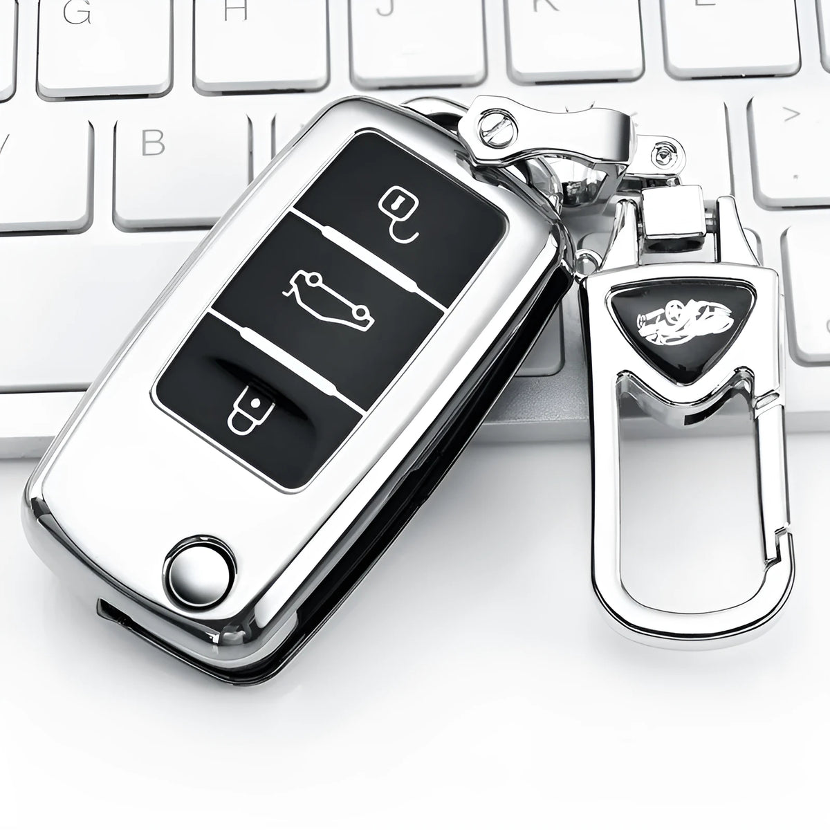 VW Model A folding car key case in TPU, shown in blue, pink, red, and silver colour options.