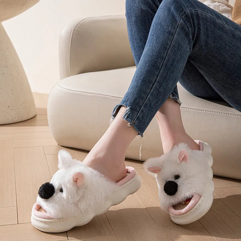 Women's linen indoor slippers with cartoon animal design, thick EVA sole, available in pink and white