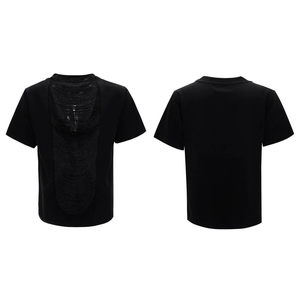 Men's drum black hollow out V-neck T-shirt with short sleeves and tassel detail