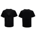 Men's drum black hollow out V-neck T-shirt with short sleeves and tassel detail
