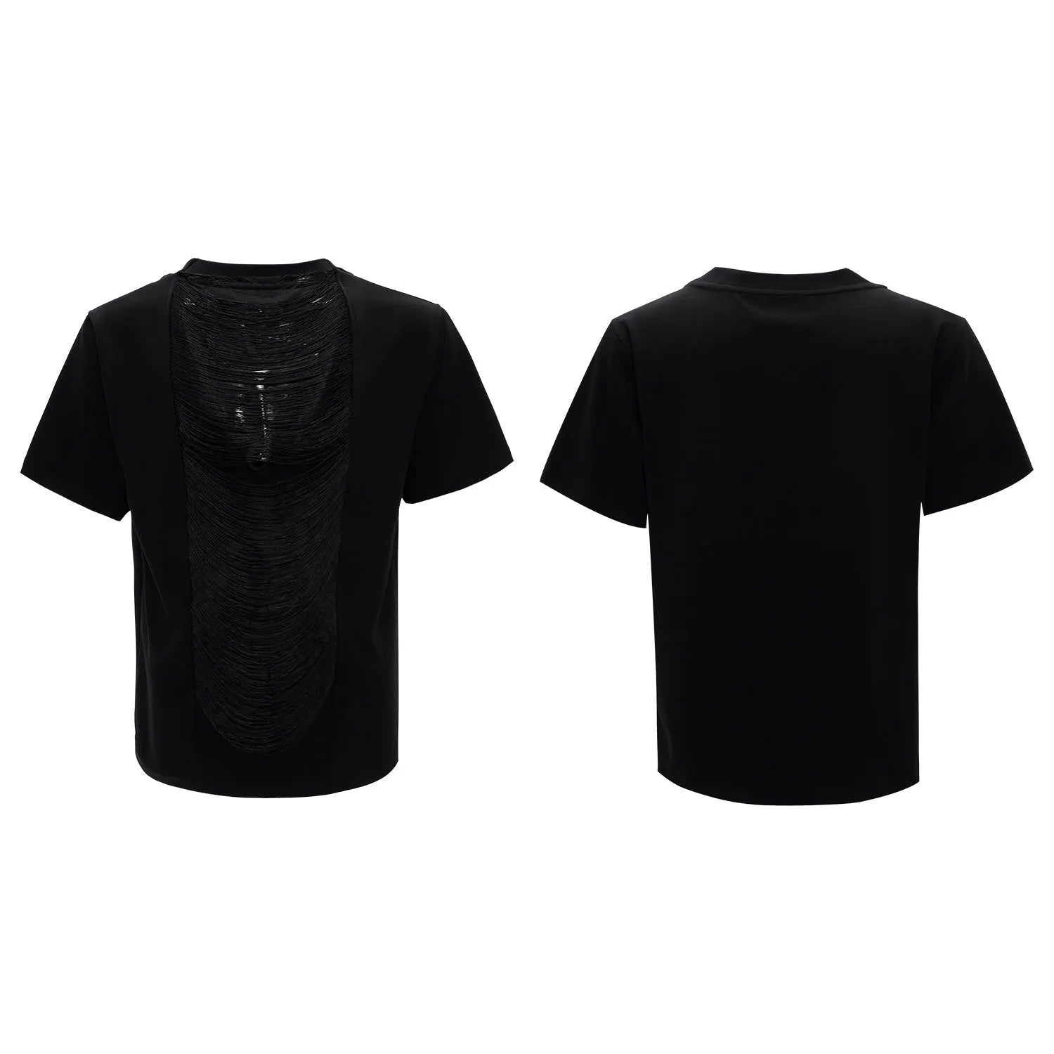 Men's drum black hollow out V-neck T-shirt with short sleeves and tassel detail