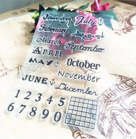 Vintage icon calendar rubber stamp made from clear silicone for craft projects.
