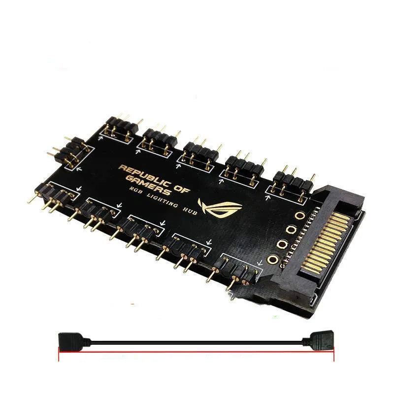 AURA RGB One Point Ten 5V SATA Power Supply Hub, black, with up to 10 ports for PC RGB lighting