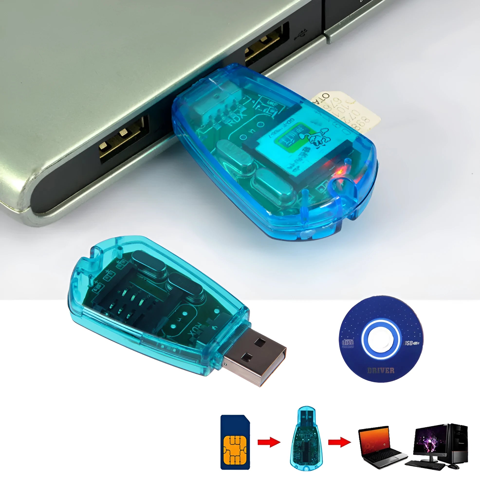 Blue plastic USB 2.0 external SIM card reader for mobile phones