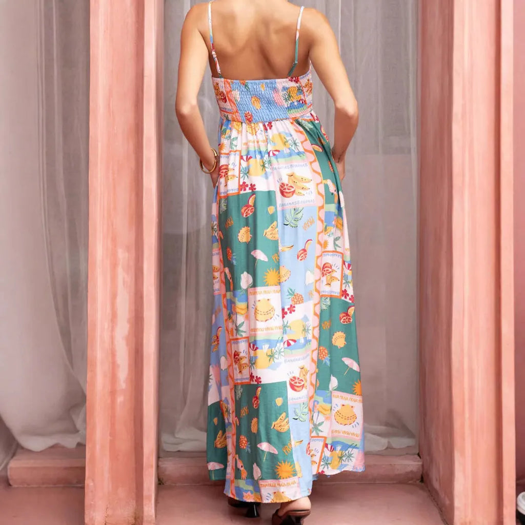 Green printed flared strap long sleeveless polyester dress for women