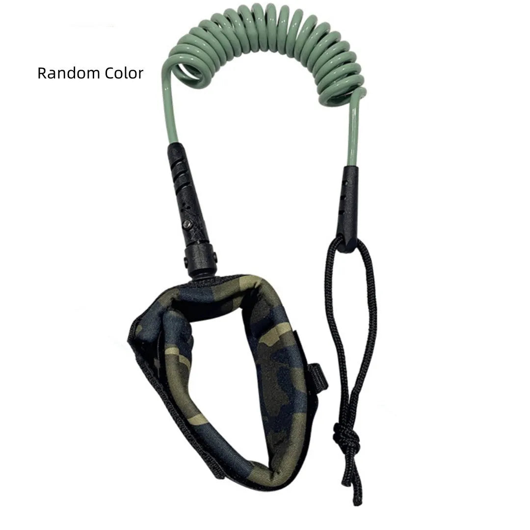 Surfboard hand holding rope made from high-strength pulp, showing its elasticity and attachment to a board.