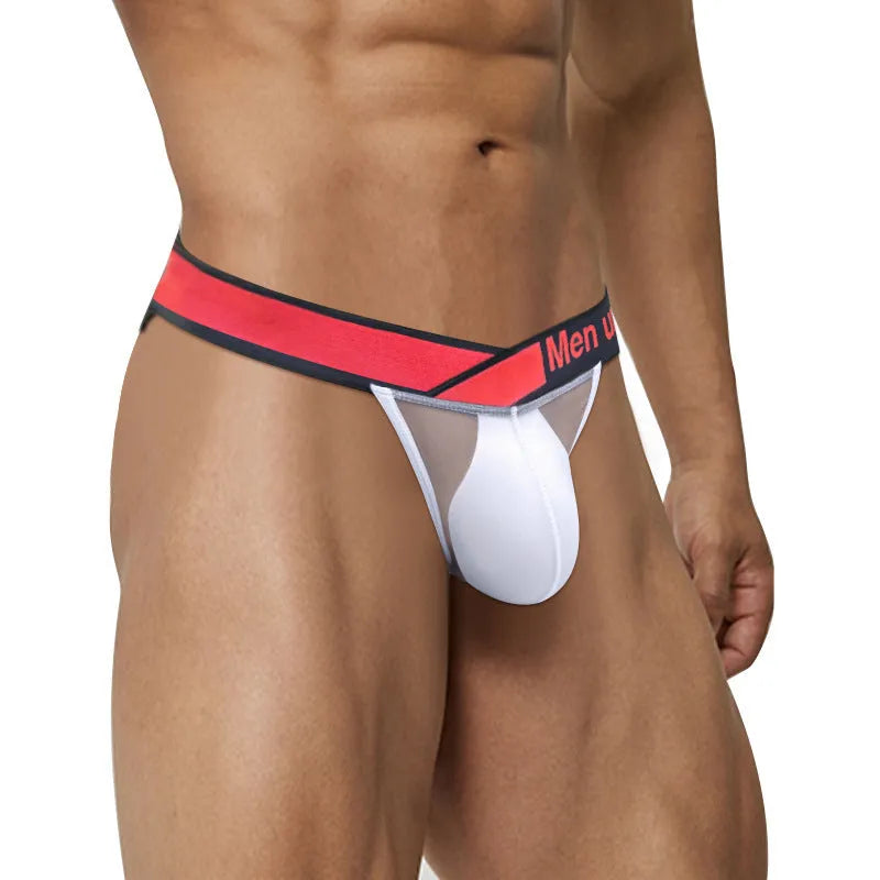Men's transparent ice silk underwear with large V gradient design in red colour showing low-waist briefs style