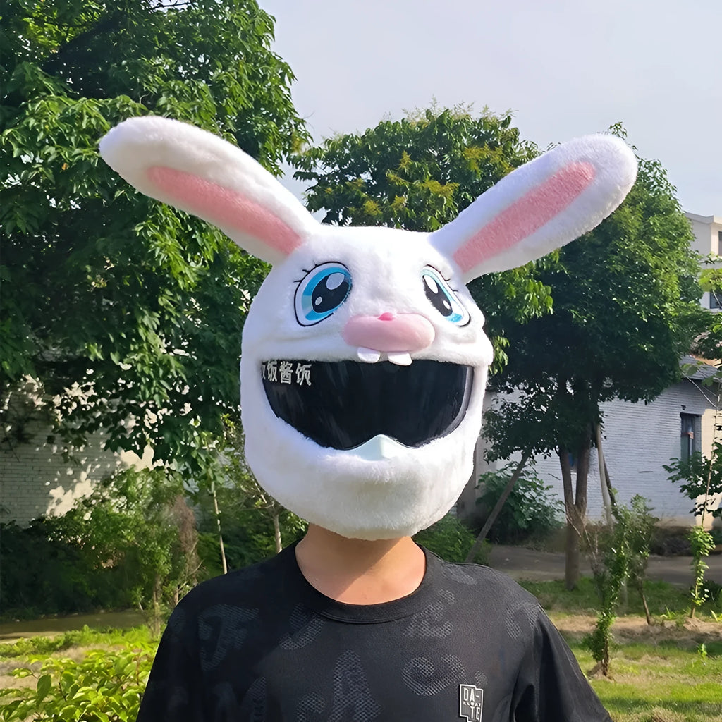 White decorative rabbit head helmet cover with long ears made from plush PP cotton for motorcycle protection