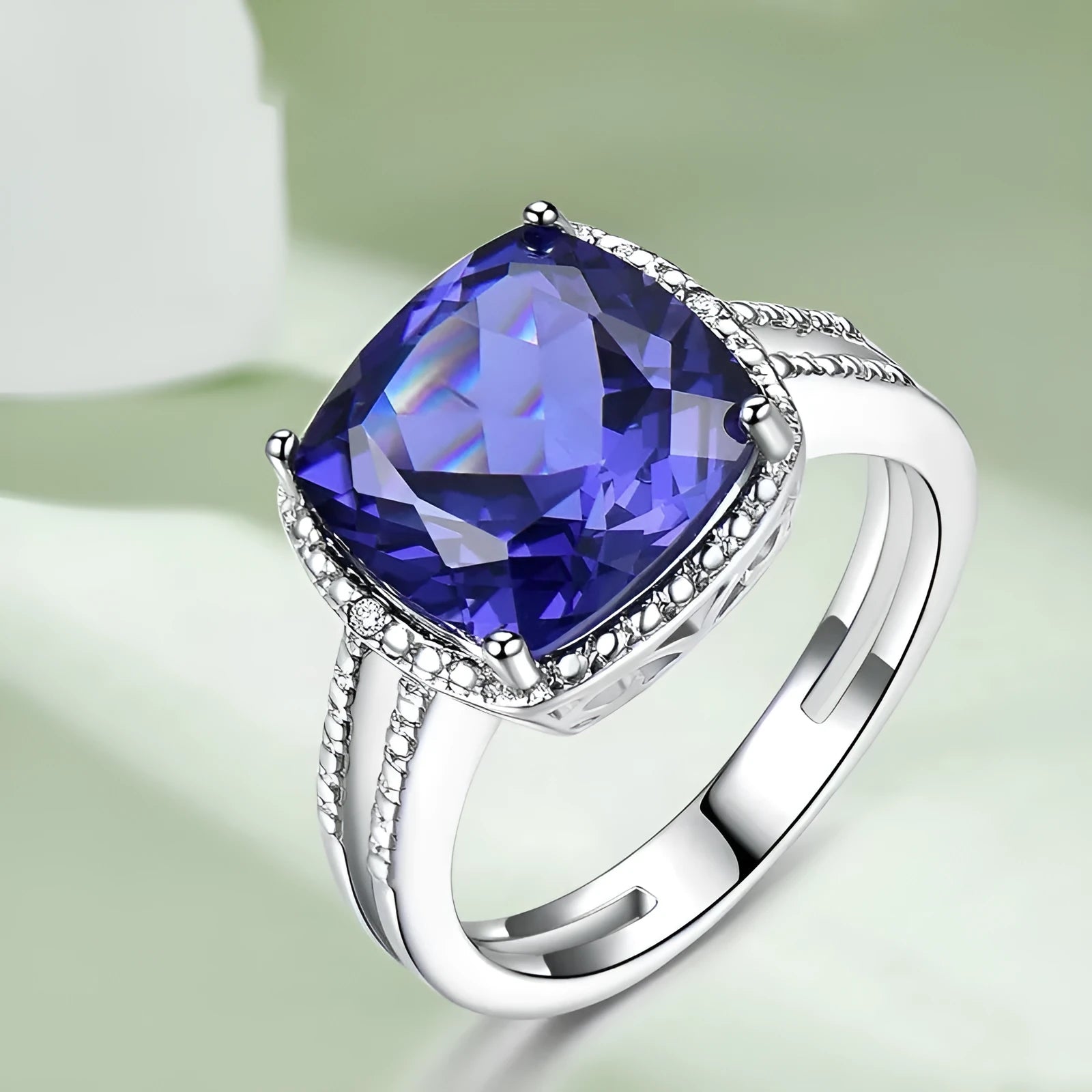 Close-up of a blue tanzanite stone set in a sterling silver women's ring.
