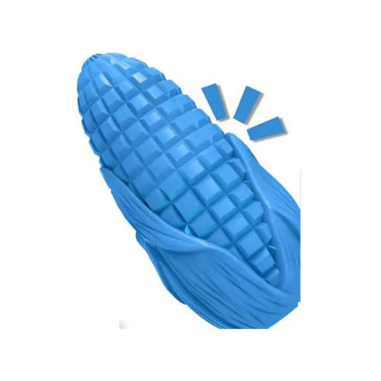 Blue corn-shaped dog chew toy with surface grooves and squeaker for medium large breed dogs