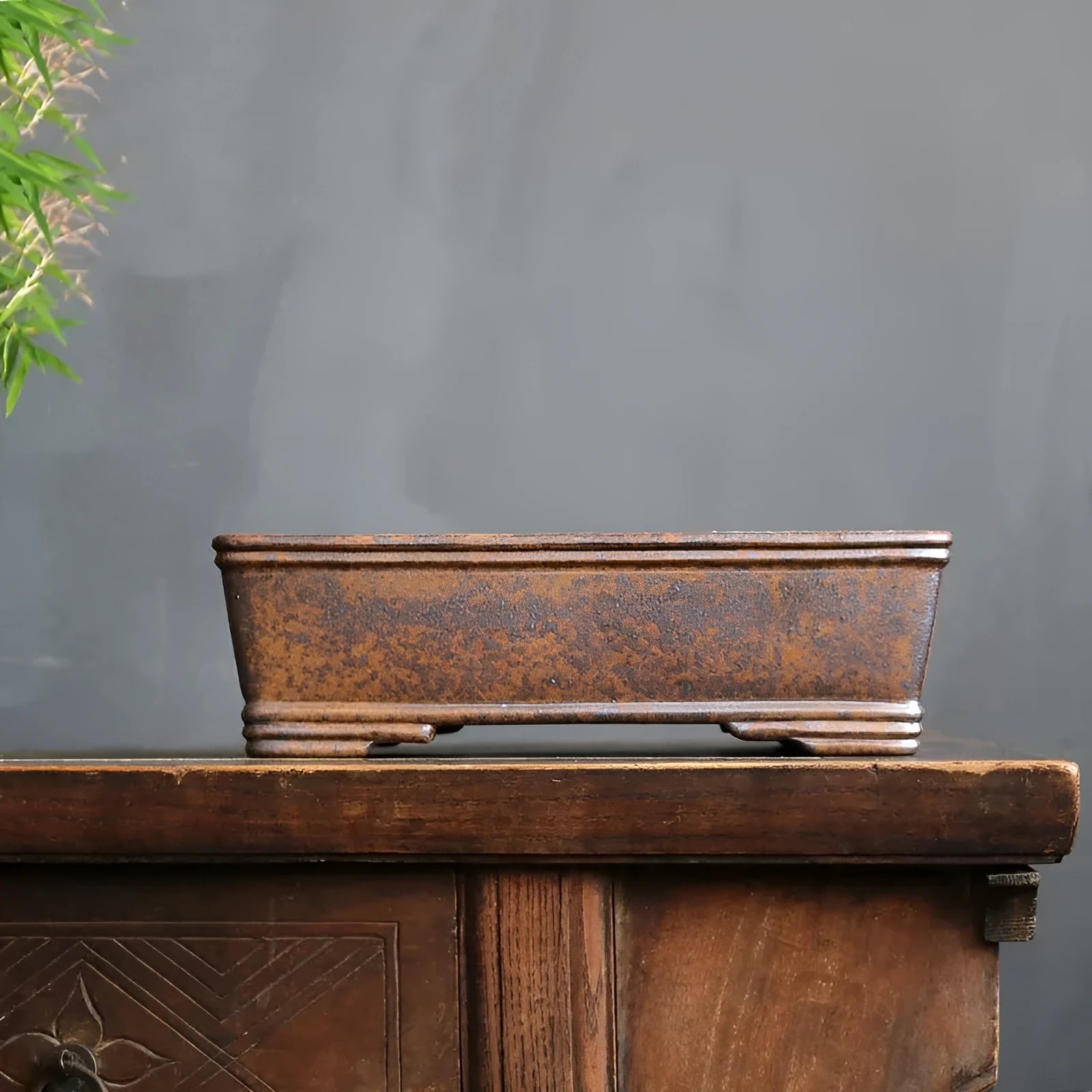 Purple sand rectangular bonsai pot with firewood burning pattern for pine and cypress plants
