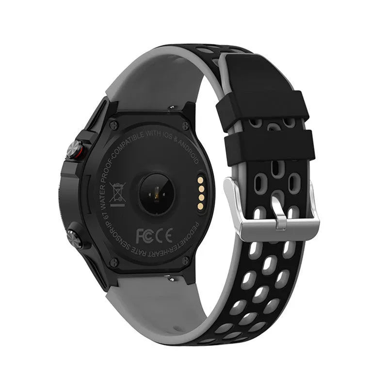 Blue silicone strap sports smart watch with 1.3 inch touch screen on a wrist.