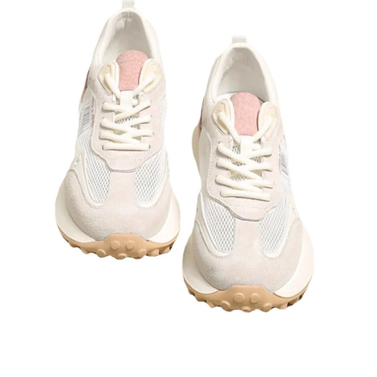Women's gray retro sneaker with mesh lining and rubber sole on wooden floor