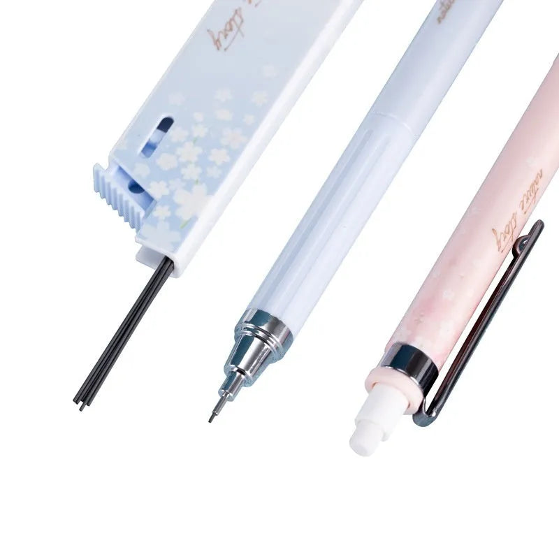 Cartoon design automatic pencil set with 0.5mm leads and three refill boxes in mixed colours