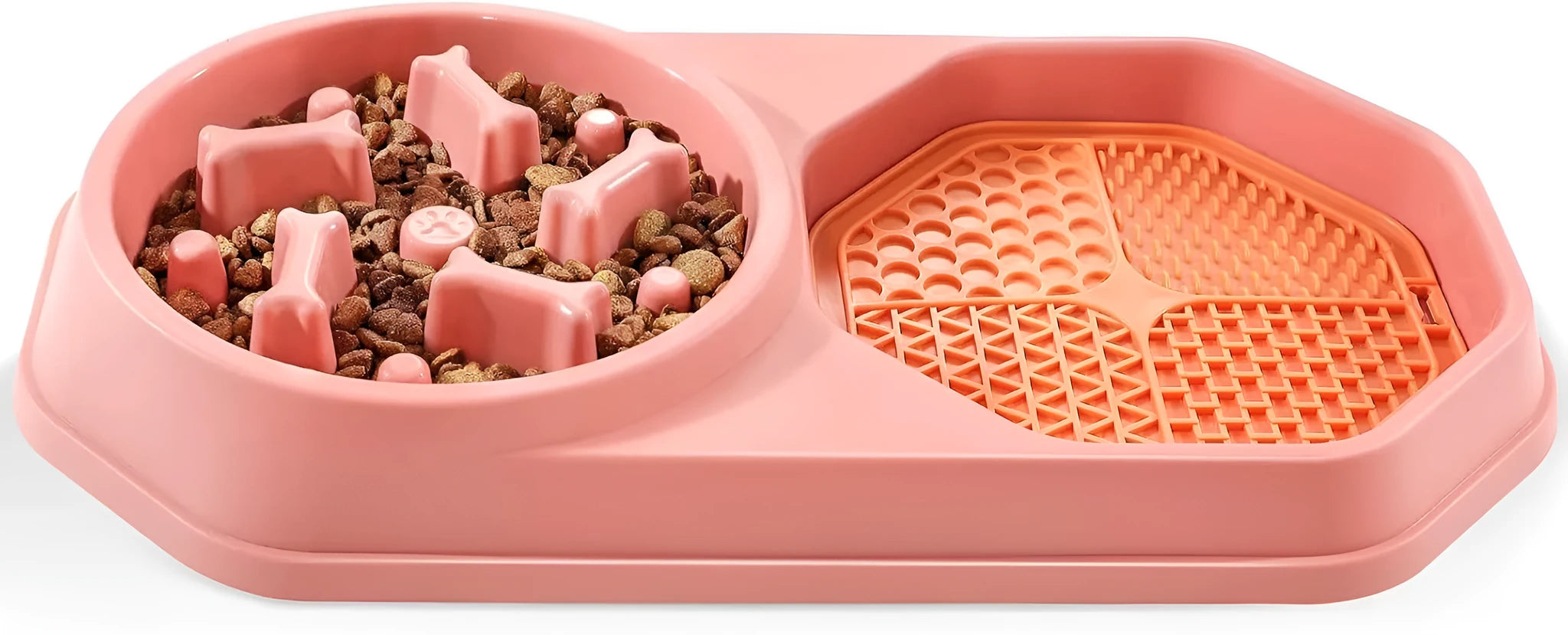 Blue slow feeder dog bowl with maze pattern for anti-gulping, shown with four non-slip pads.