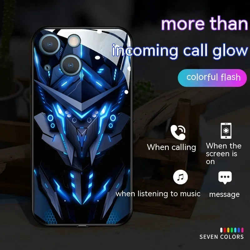 Apple iPhone phone case with light-emitting mech design, anti-fingerprint glass, and cartoon mech style.