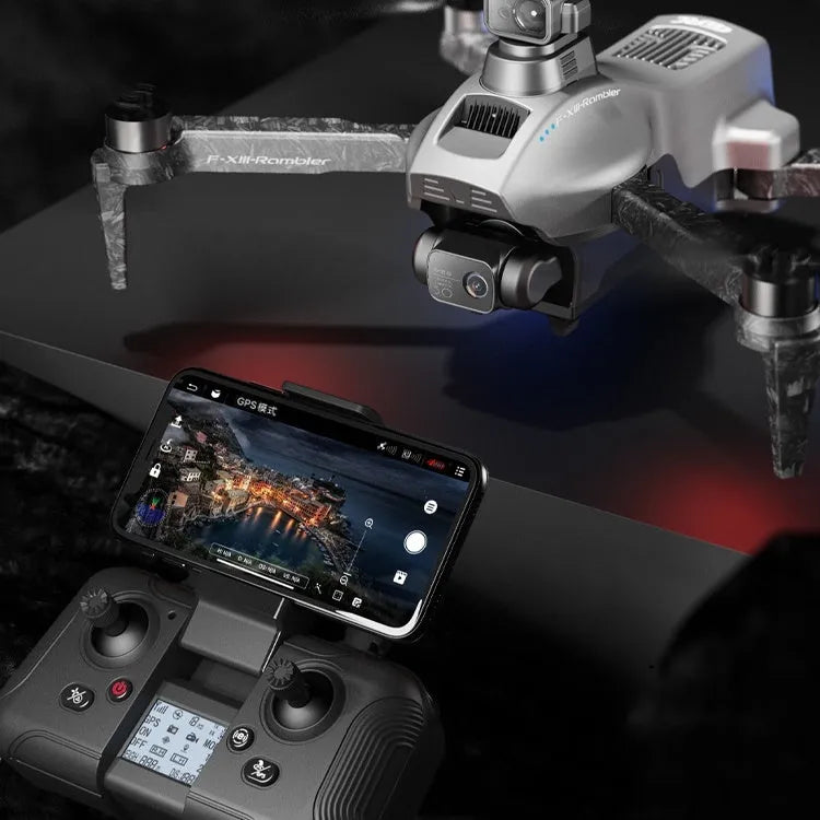 White F13 folding quadcopter drone with camera gimbal, obstacle sensors, and remote controller on a table.