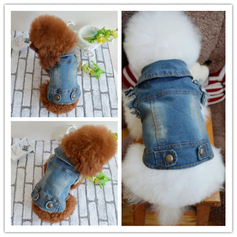 Denim dog vest with retro scratch pattern in dark and light wash colours for small to medium breeds