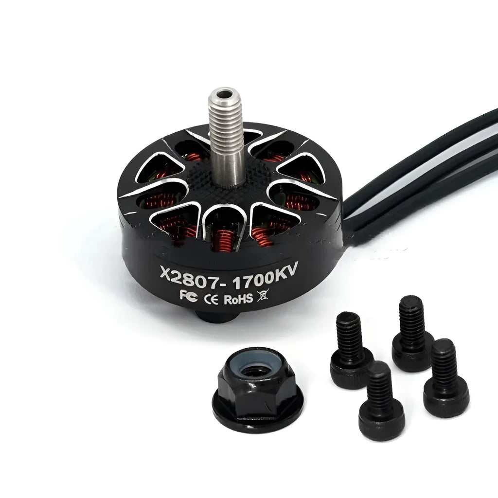 Black brushless DC motor with 1300KV, 1500KV, or 1700KV rating, below 36V, for crossing machines.