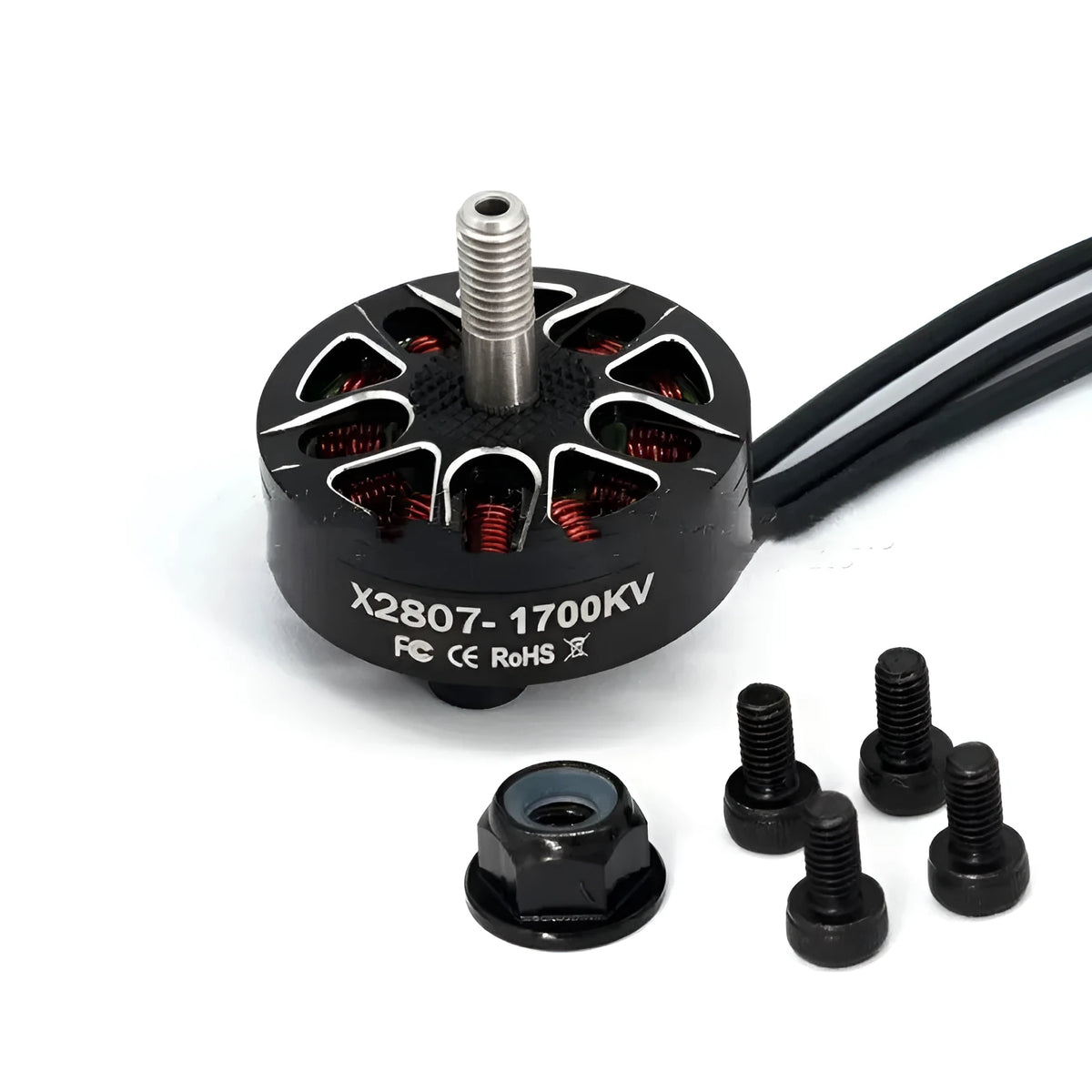 Black brushless DC motor with 1300KV, 1500KV, or 1700KV rating, below 36V, for crossing machines.