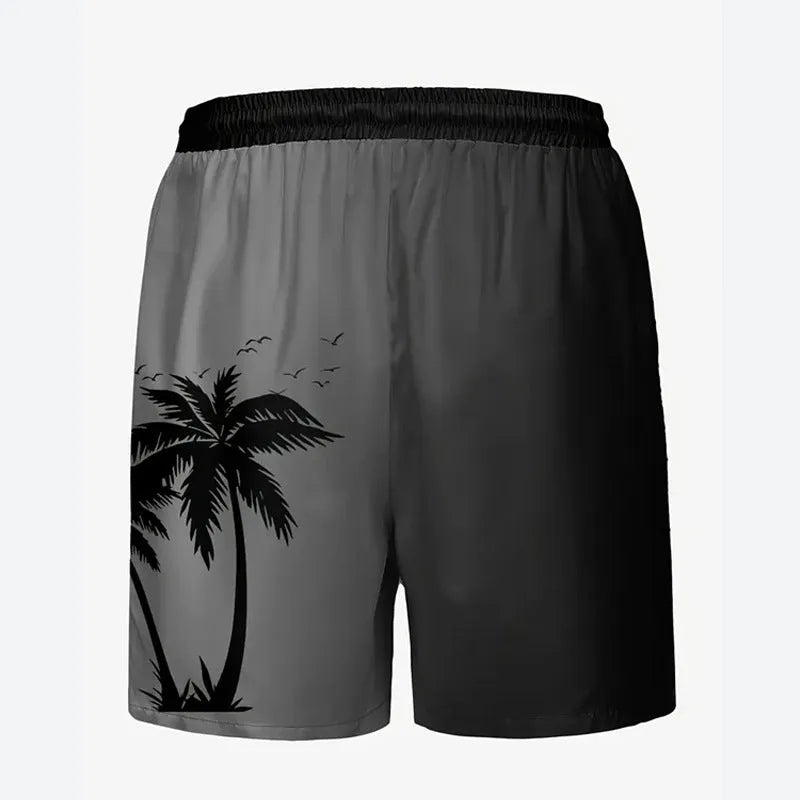 Men's loose fit polyester beach pants in a solid colour on a size chart background.