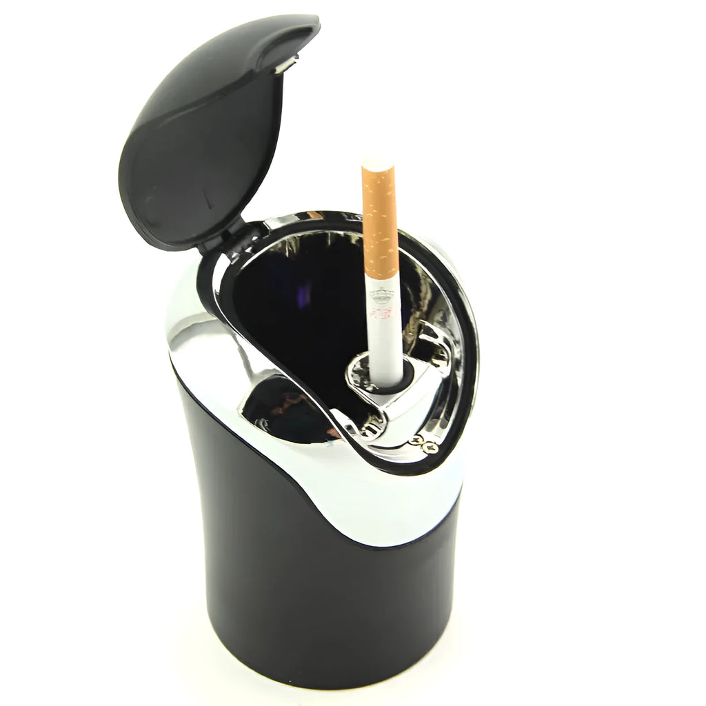 Black multifunctional vehicle ashtray, 8x7x11cm ABS body with detachable stainless steel liner and luminous metal liner