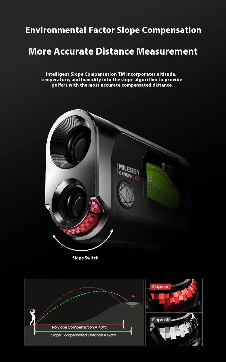 Black GPS laser rangefinder with AMOLED display showing distance measurement and mapping interface