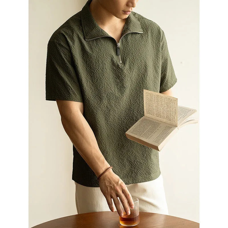 Men's cedar green loose fit short sleeve polo shirt made from quick-dry polyester fabric