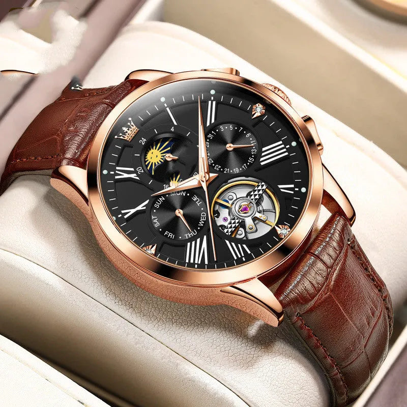 Men's automatic mechanical watch with 40.5mm case, genuine leather strap, stainless steel buckle, brown or black options