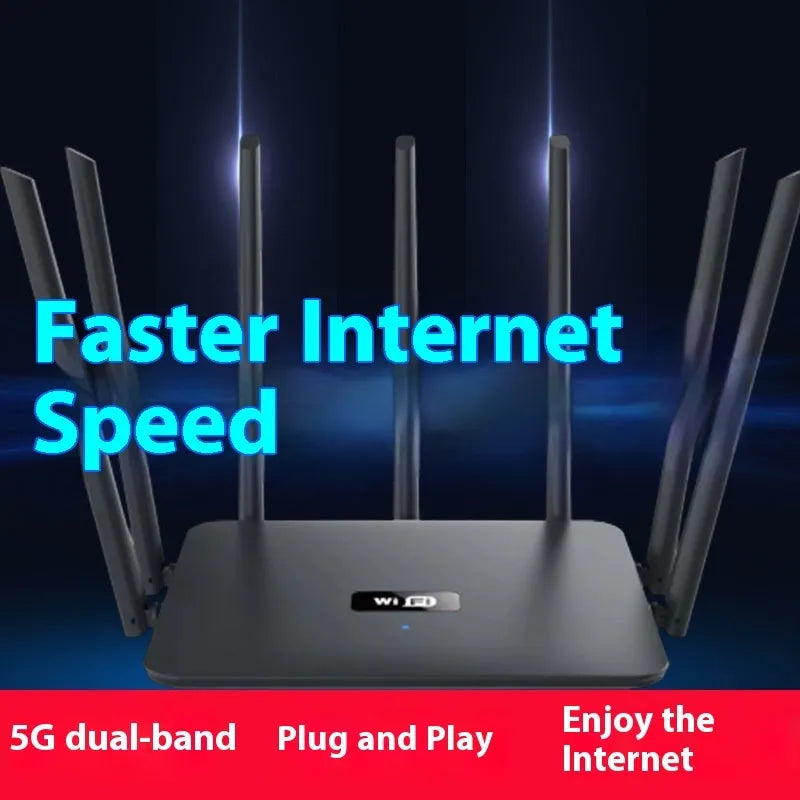 Black or white dual-band 5G Gigabit router with multiple antennas for through-wall WiFi coverage measuring 50x30x10 cm