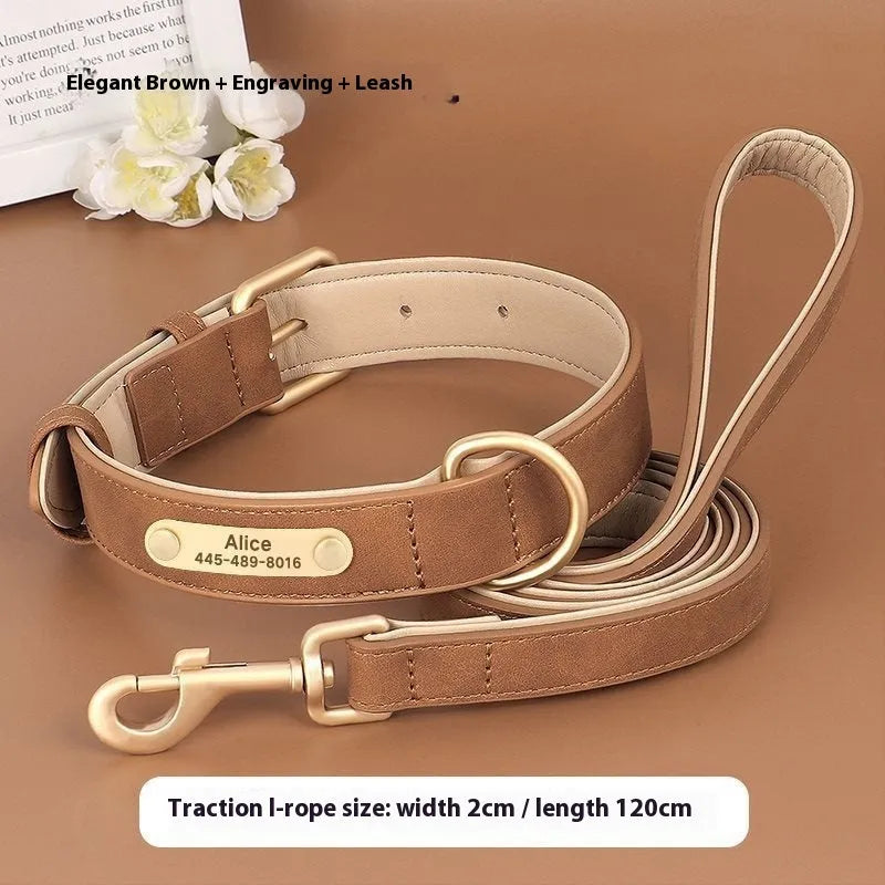 Double-layer leather mohair dog collar and matching traction rope in rose red, shown with size tags S, M, L, XL.
