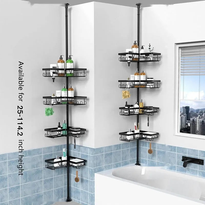 Silver hole-free bathroom storage rack with 4 retractable layers and modern design