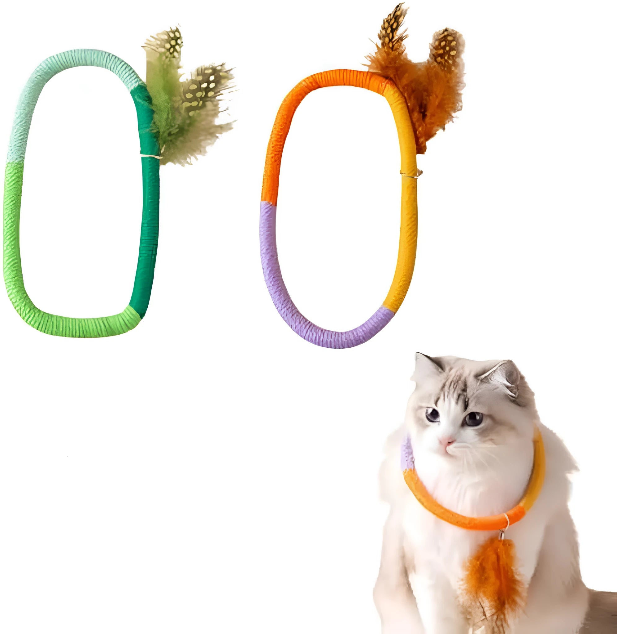 Circular green cotton rope cat toy with white feathers attached on a wooden floor.