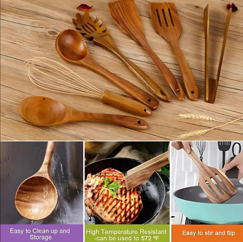 7-piece wooden cooking utensil set for non-stick pans with spoon shovel and six additional tools