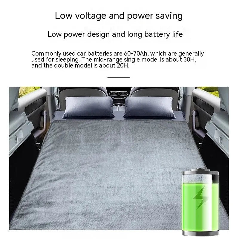 Grey 12V car electric blanket with digital controller, shown plugged into a car cigarette lighter socket.
