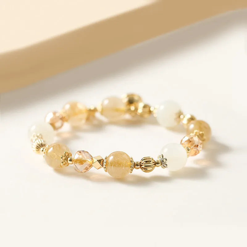 Korean style gold rutilated quartz bracelet with electroplated Lucky Fortune colour crystal jewellery.