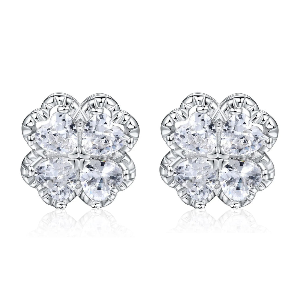 Women's white gold colour heart-shaped 925 silver earrings with zircon stones and four-leaf clover design