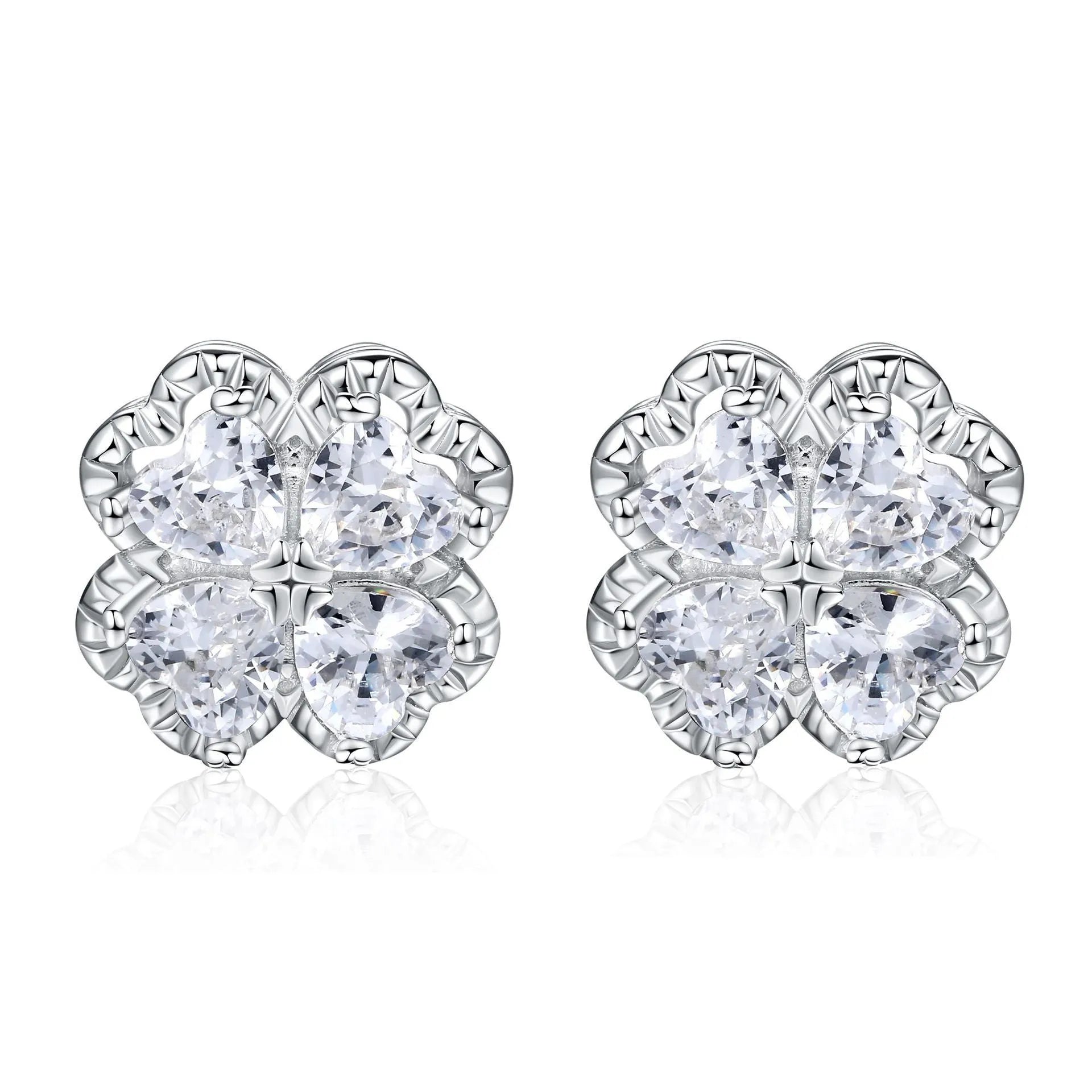 Women's white gold colour heart-shaped 925 silver earrings with zircon stones and four-leaf clover design