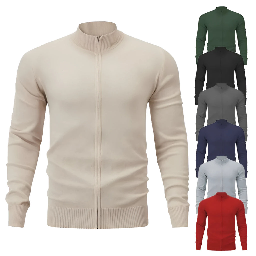 Casual zip-front sports sweater with stand collar in cotton fabric, loose fit, multiple colour options