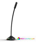 Black wired desktop microphone with detachable windshield sponge on a stand.