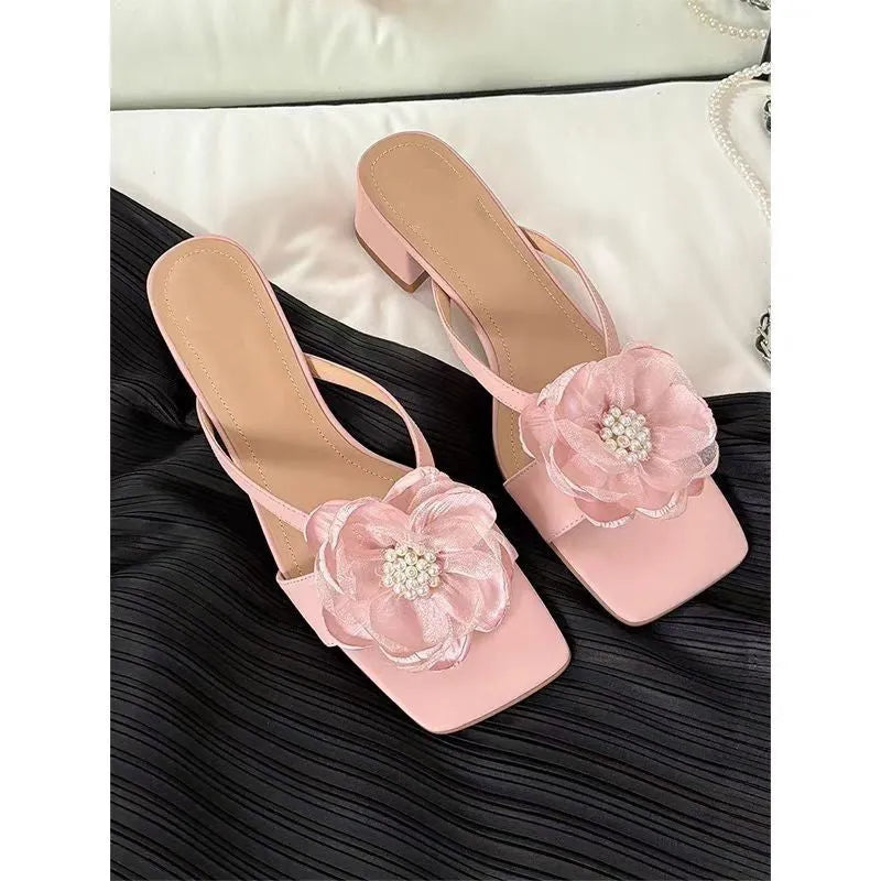 Women's square toe sandals with satin upper, floral chunky heel, in cream-white colour.