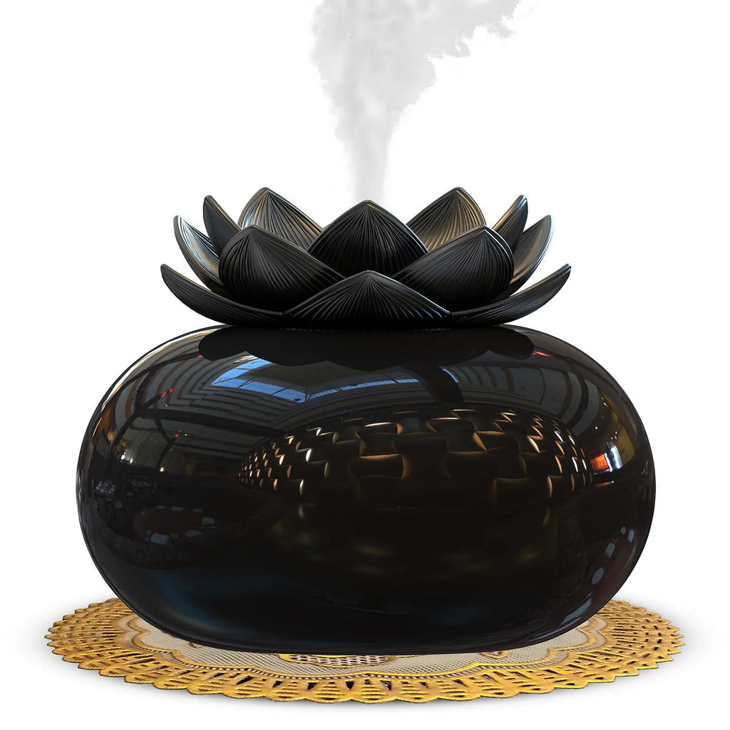 Pure black Lotus ultrasonic aromatherapy humidifier with USB connection and round design
