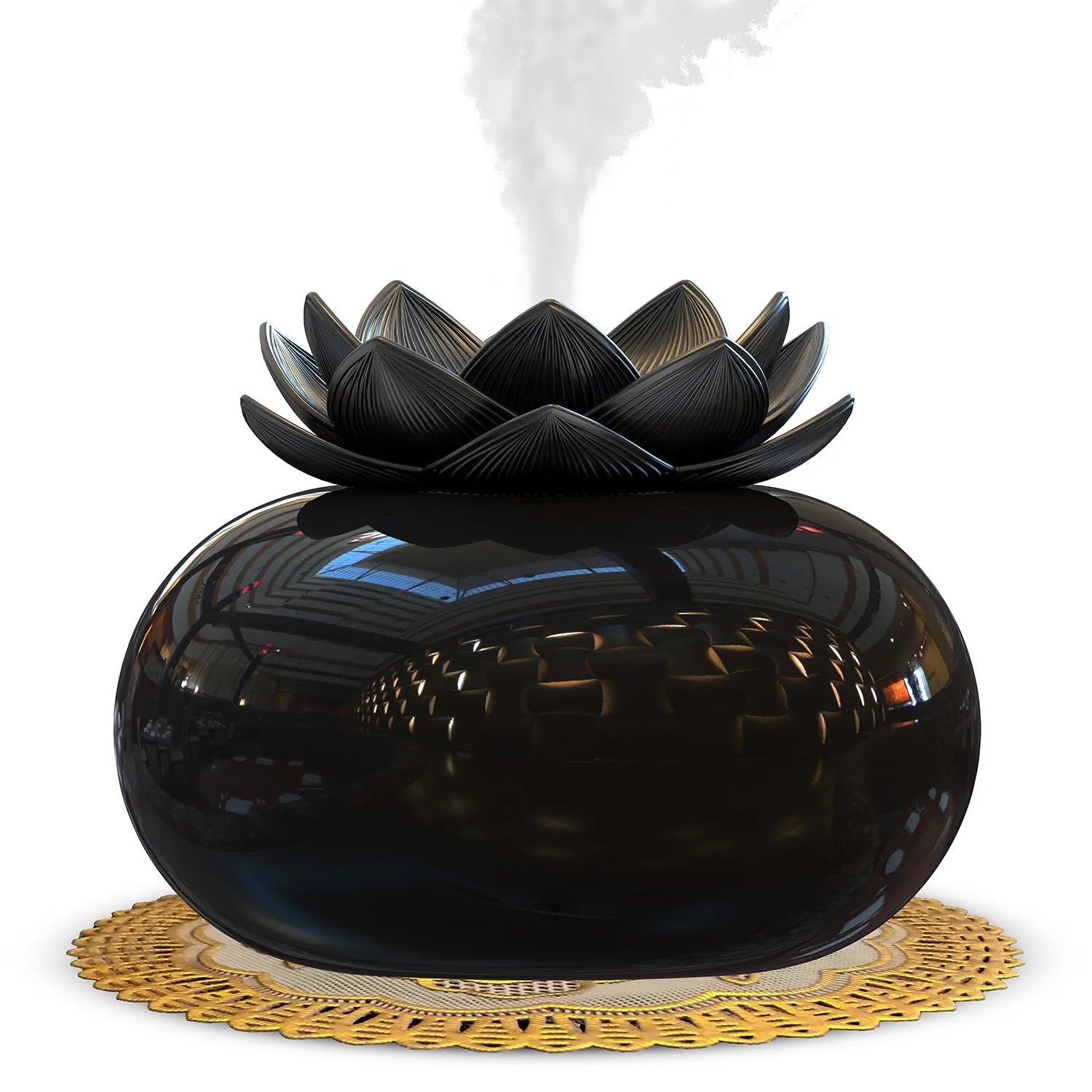 Pure black Lotus ultrasonic aromatherapy humidifier with USB connection and round design