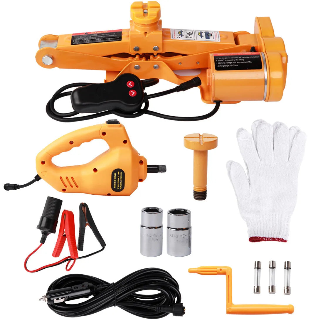 Yellow steel car electric jack set with electric wrench for vehicle tyre changes