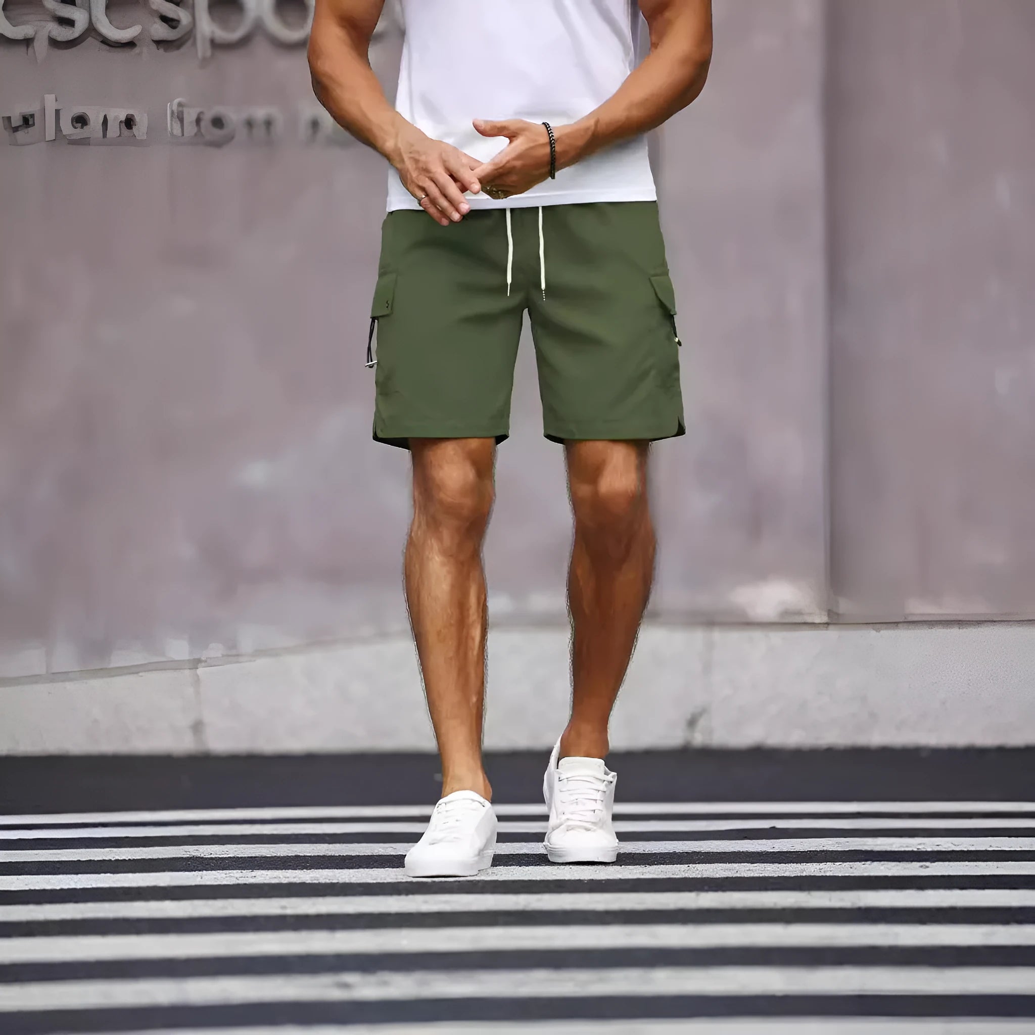 Men's loose straight-leg workwear shorts in fluorescent green or army green colours with micro-elastic polyester blend fabric