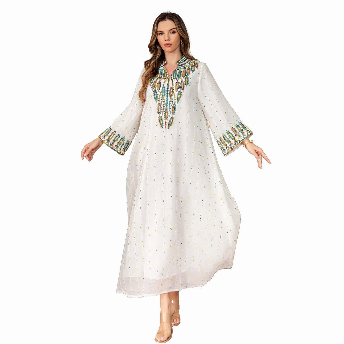 Women's white Arabic robe dress with long sleeves and floor-length skirt in polyester fabric