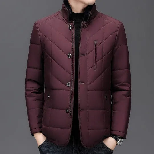Men's solid colour winter coat with side seam pockets, shown in dark blue, wine red, and dark green.