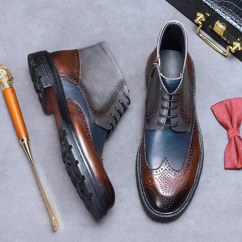 Men's coffee blue leather brogue boots with carved stitching and low square heel