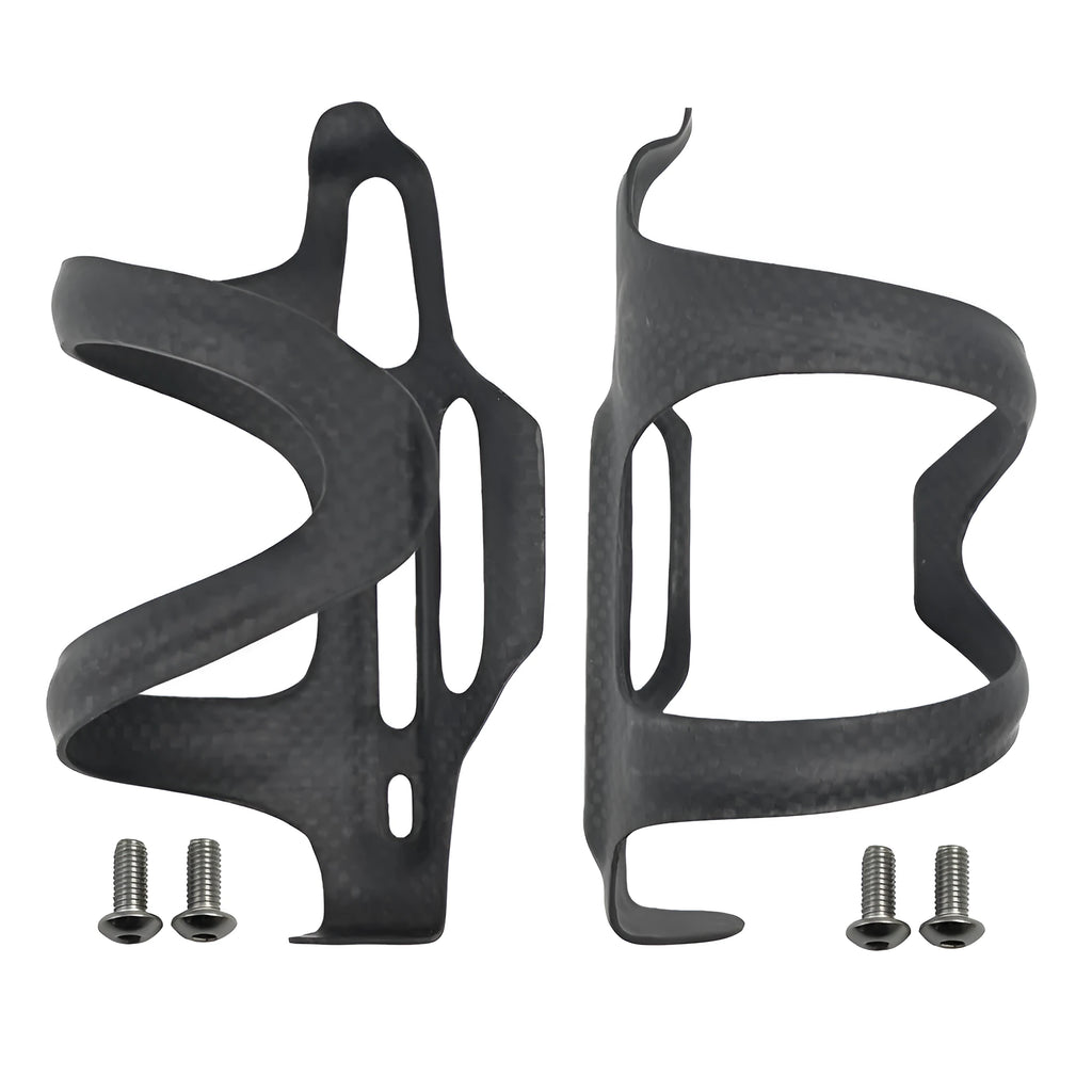 Black carbon fibre side-pull bicycle water bottle cage mounted on a bike frame.