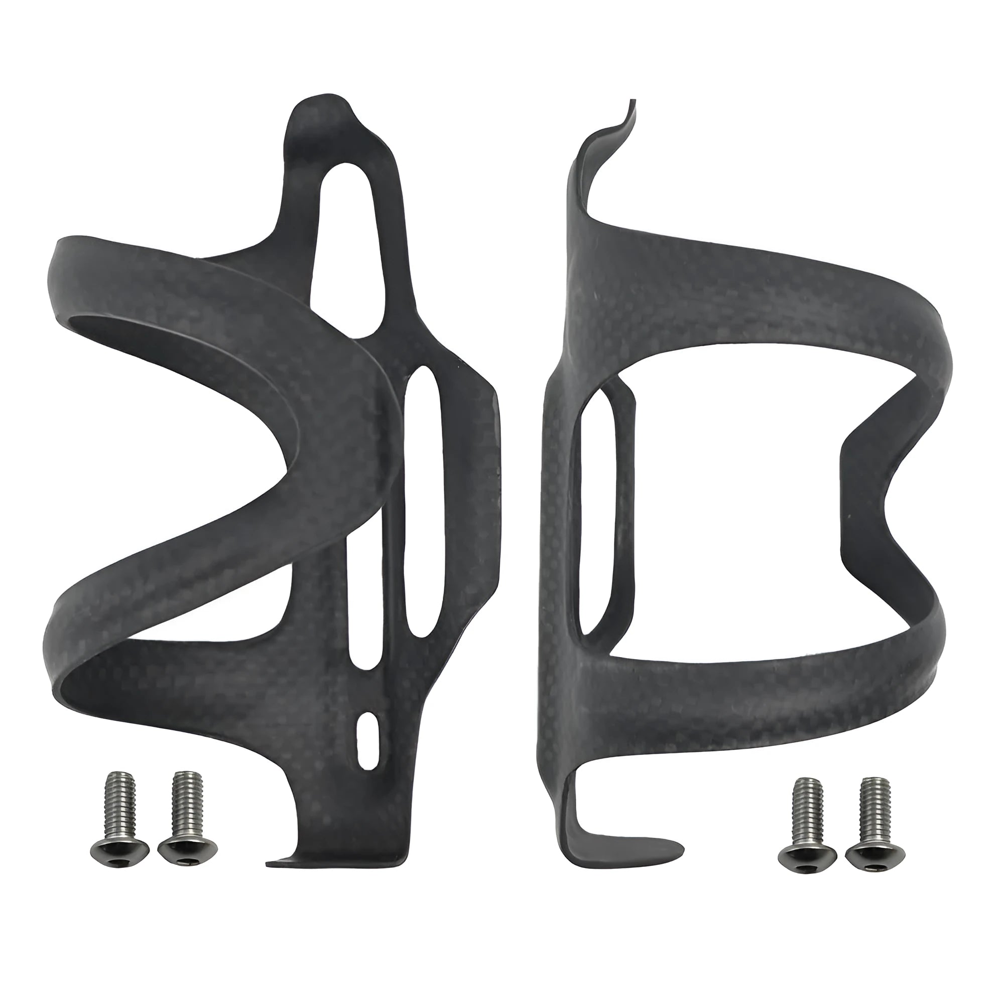 Black carbon fibre side-pull bicycle water bottle cage mounted on a bike frame.